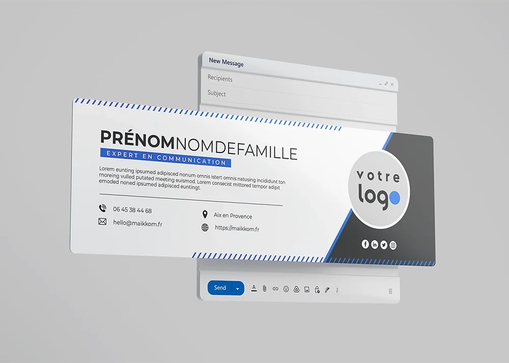 Signature email Maikkom – Communication digitale cohérente | Agence communication globale Maikkom signature email - Interface signature email professionnelle avec informations contact et liens sociaux intégrés