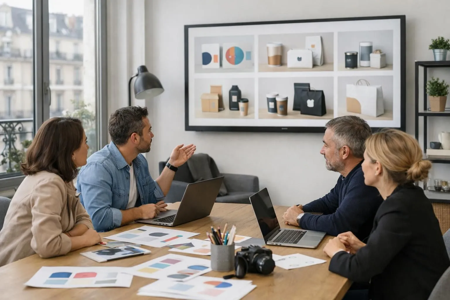 French marketing team reviewing design mockups on large screen in modern collaborative workspace with laptops and visual communication materials, showing professionals aged 30-50 working on brand identity projects in contemporary Paris office environment