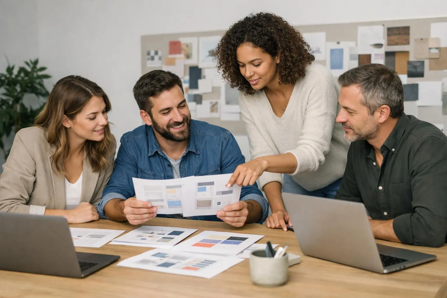 Marketing team reviewing multiple design mockups spread across a modern collaborative workspace with laptops and mood boards, professionals discussing visual branding strategies in contemporary French office, realistic lighting and natural interactions