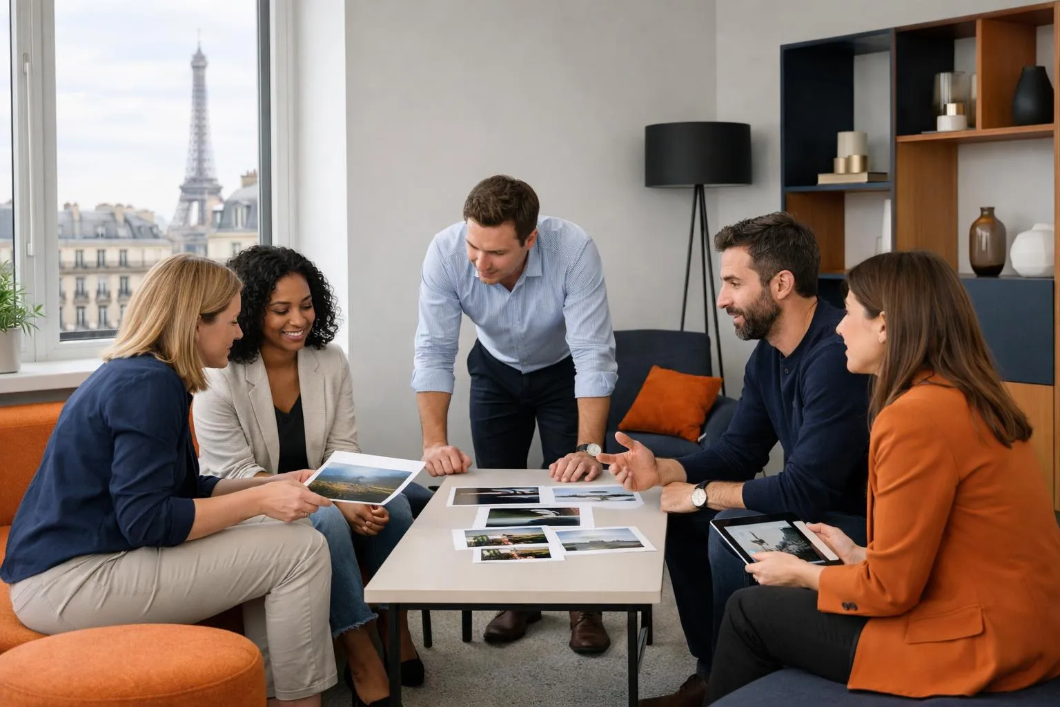 Professional marketing team in modern Paris office analyzing printed visual content samples spread across a conference table, showing confusion and frustration while pointing at poorly performing designs, natural lighting through large windows, realistic corporate environment