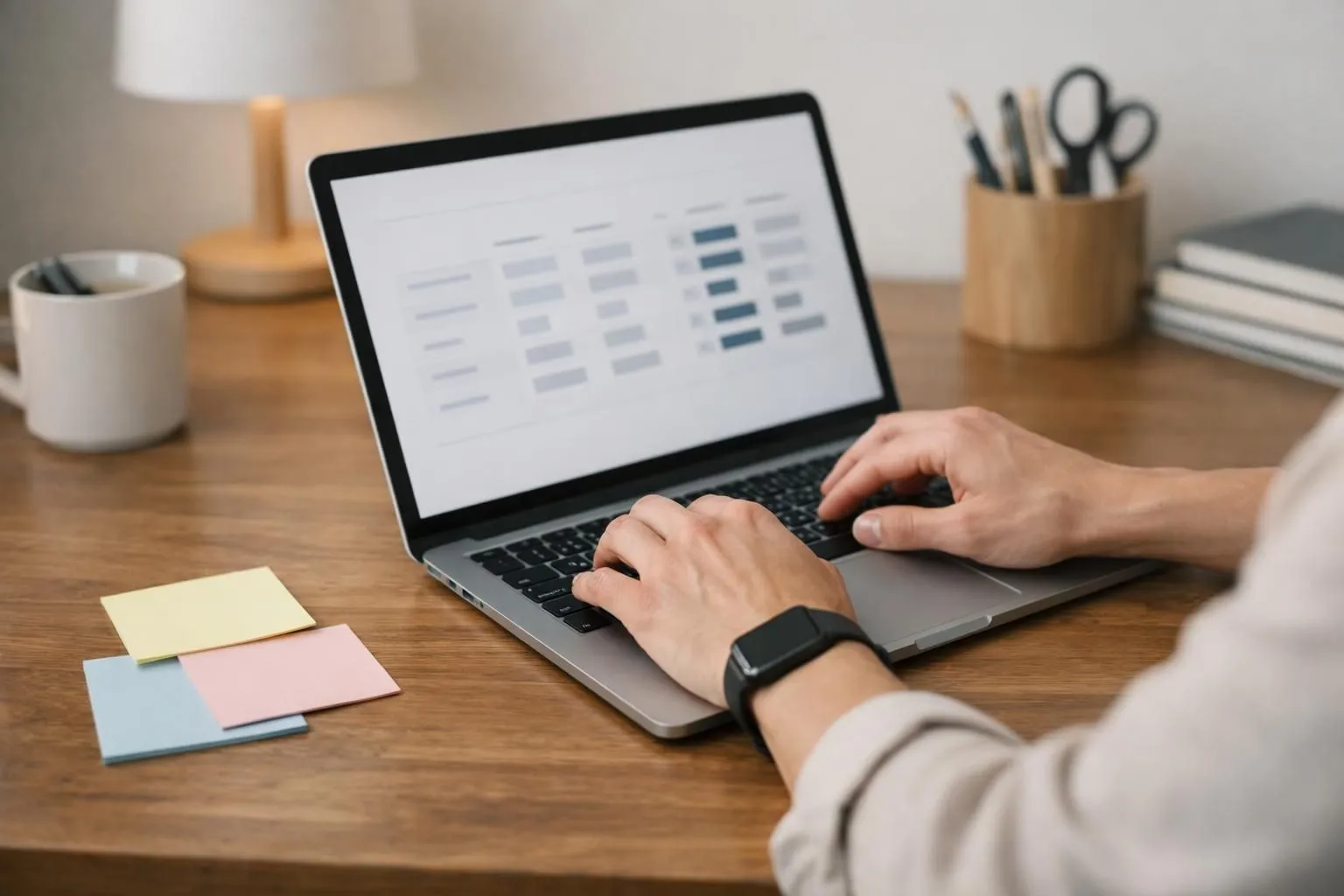 Professional designer reviewing pricing comparison charts on laptop screen with sticky notes. Industry: Design cognitif & communication visuelle basée sur les sciences cognitives. Target: Agences de communication et équipes marketing. The image MUST relate to tarif abonnement design illimité evaluation criteria. CRITICAL: ABSOLUTELY NO TEXT, words, letters, numbers, signs, labels, logos, titles, or captions in the image.