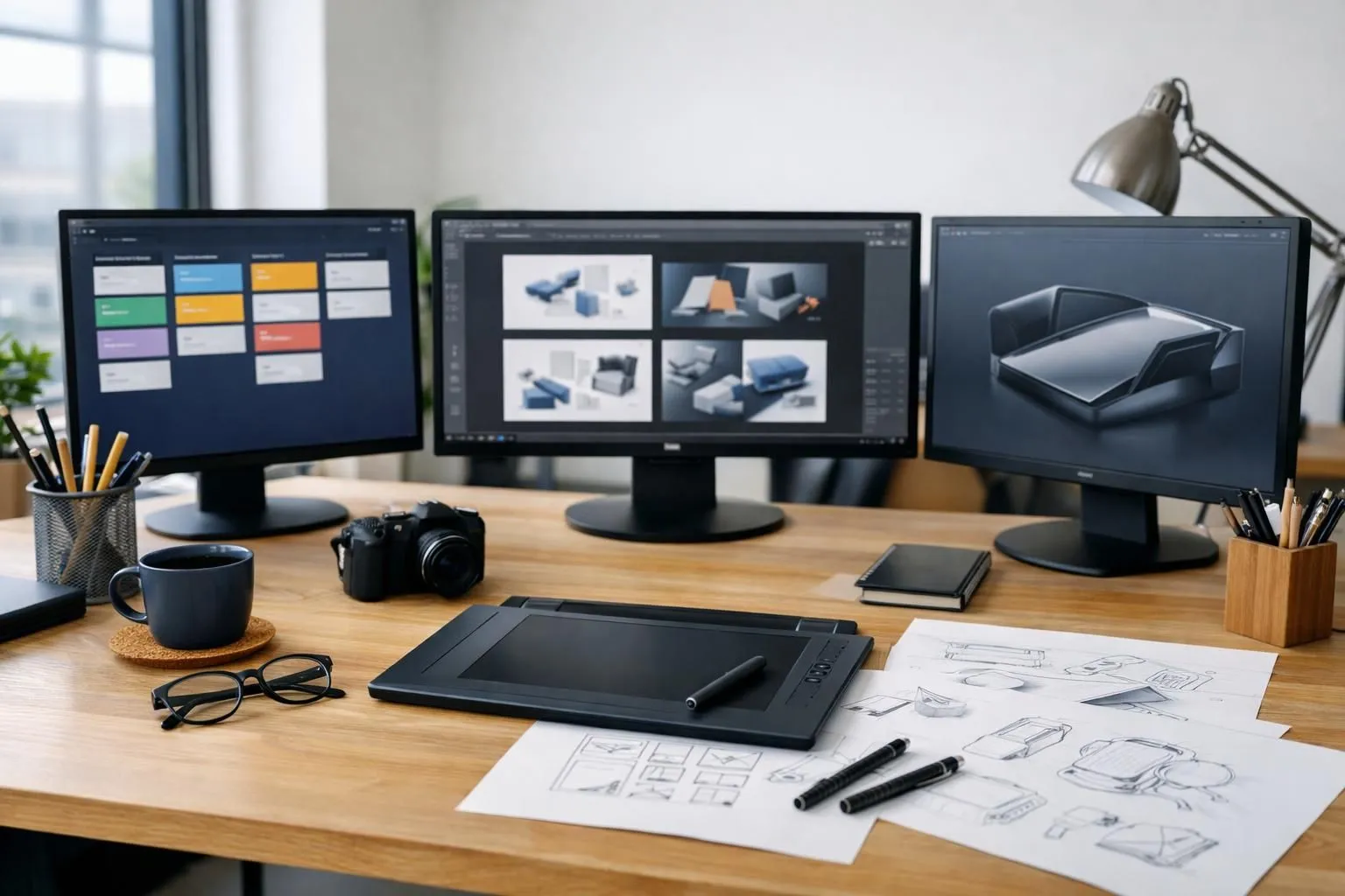 Designer working at desk with multiple project boards showing workflow stages, creative briefs and digital sketches in modern workspace with natural lighting, realistic professional photography style for article about design subscription workflow in visual communication industry