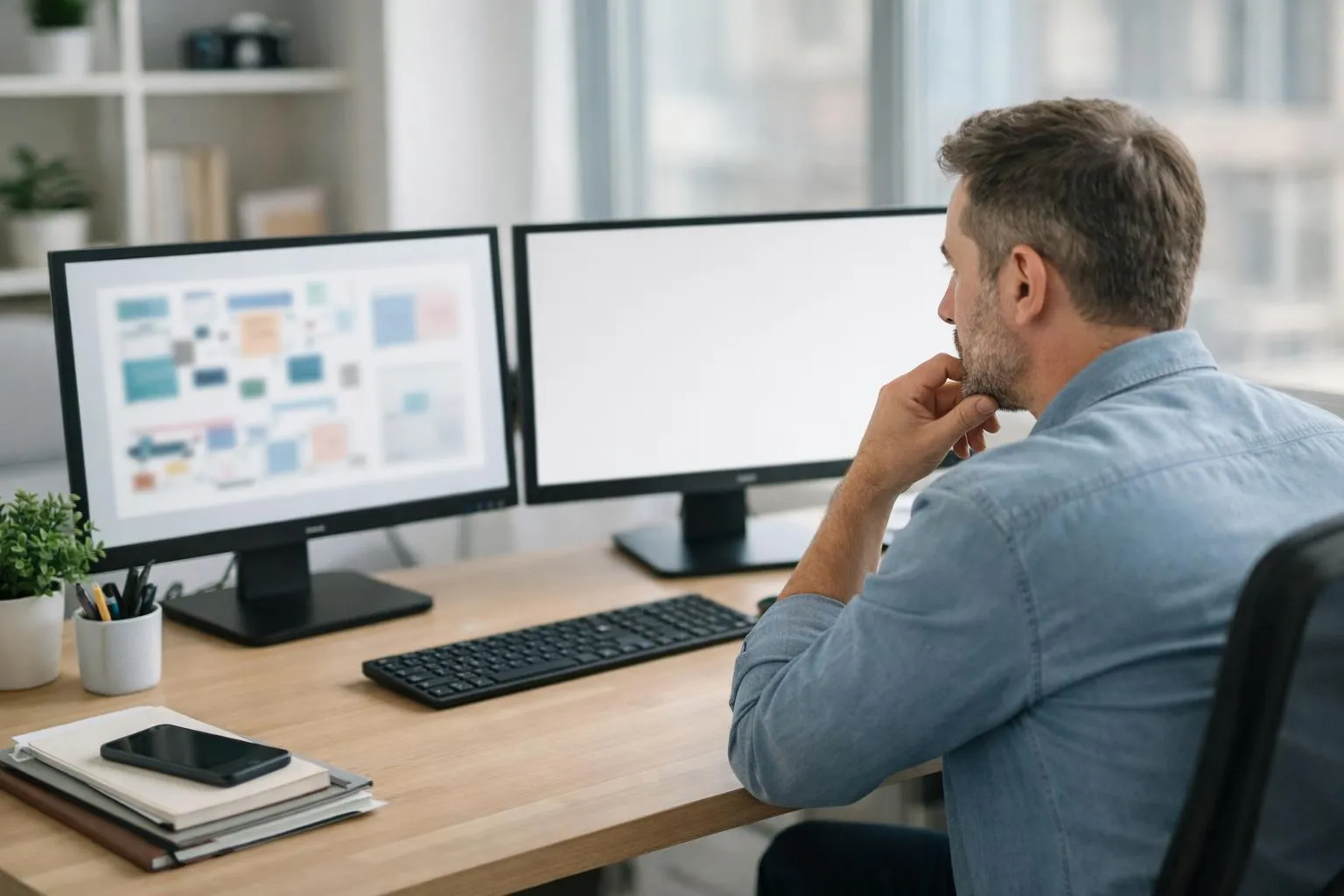 Professional designer at modern desk analyzing two versions of a presentation slide on dual monitors, one cluttered with text and graphics, the other clean with three key elements, bright office environment with natural daylight, real photography style