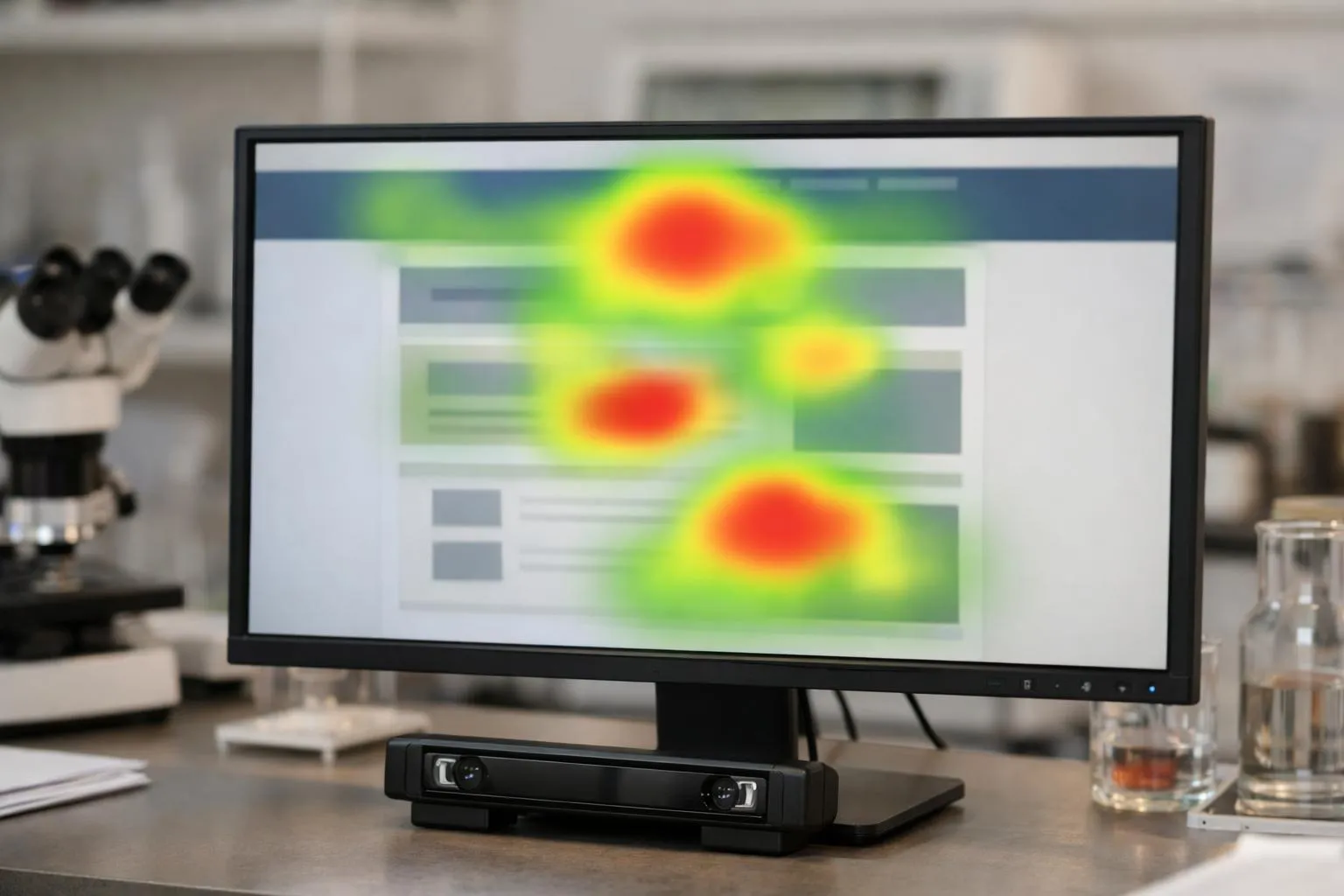 Eye-tracking heat map visualization displayed on a large professional monitor in a cognitive research laboratory, showing red and yellow zones indicating gaze concentration patterns on a marketing layout, with monitoring equipment and researchers analyzing data in the background, modern scientific workspace with neutral lighting